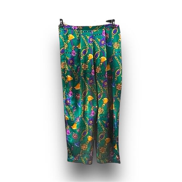 VICTORIAS SECRET🎄VTG PAJAMA SET Satiny teal green purple gold tassel print SZ SM - Picture 3 of 12